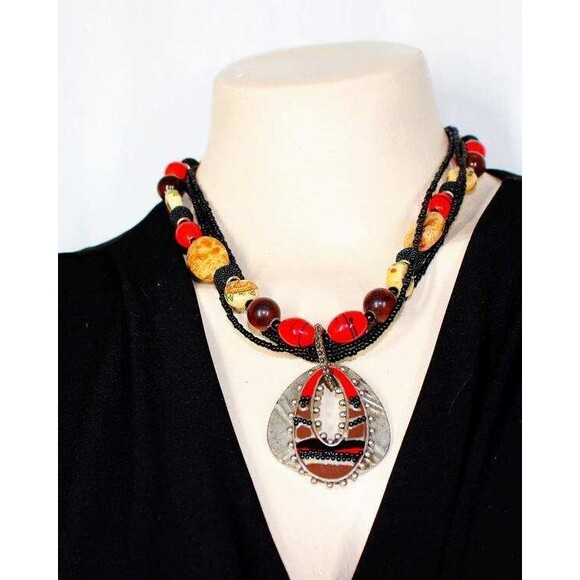 Chico's 4 Strand Boho Bold Faux Agate Cloisonne Seed Beads Pendant 21" Necklace - Picture 4 of 7